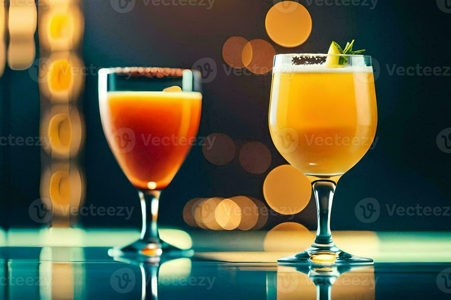 dos lentes de naranja y naranja jugo en un mesa. generado por ai foto