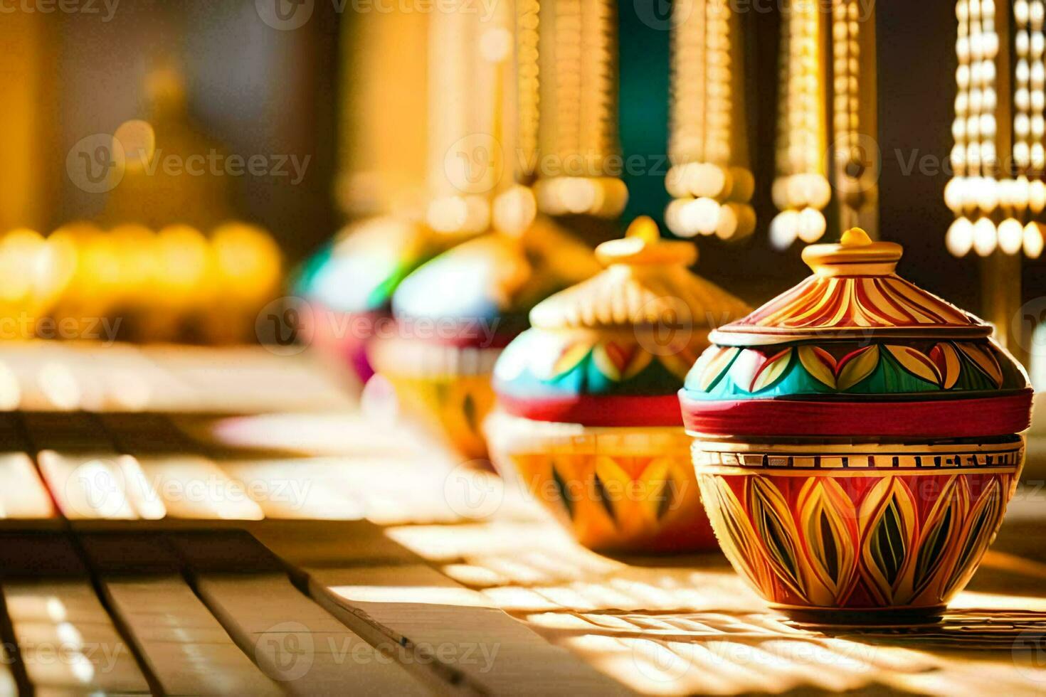 colorful vases are lined up on a wooden table. AI-Generated photo