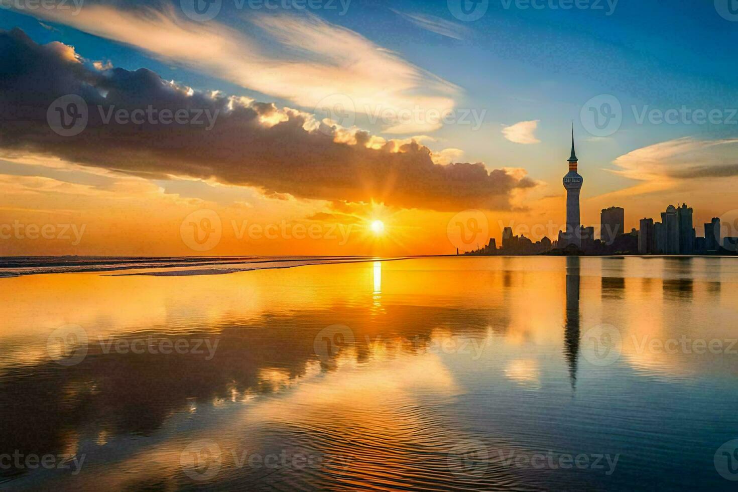 the sun sets over a city skyline and the reflection of the water. AI-Generated photo