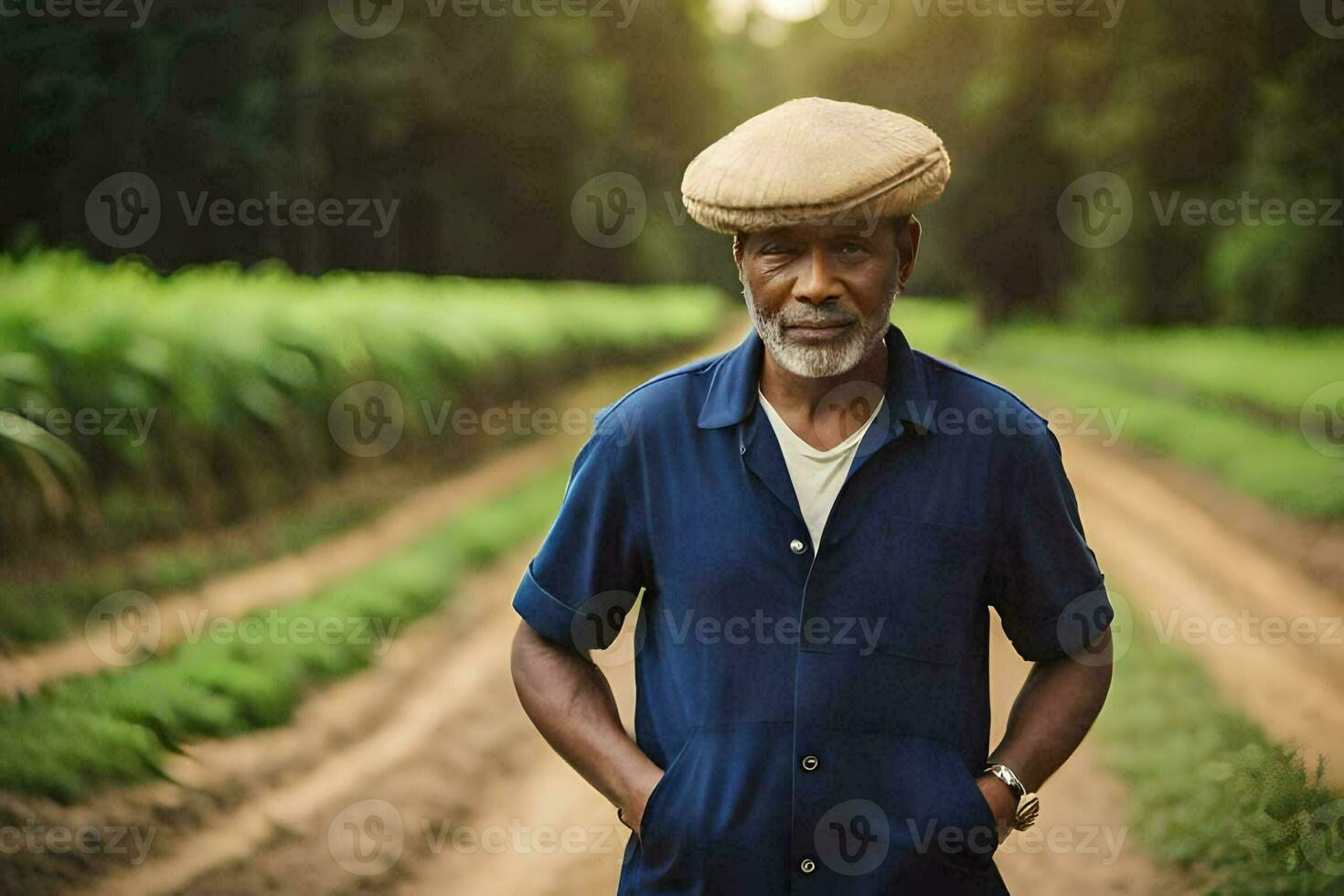 an older man standing in a field with a hat on. AI-Generated photo