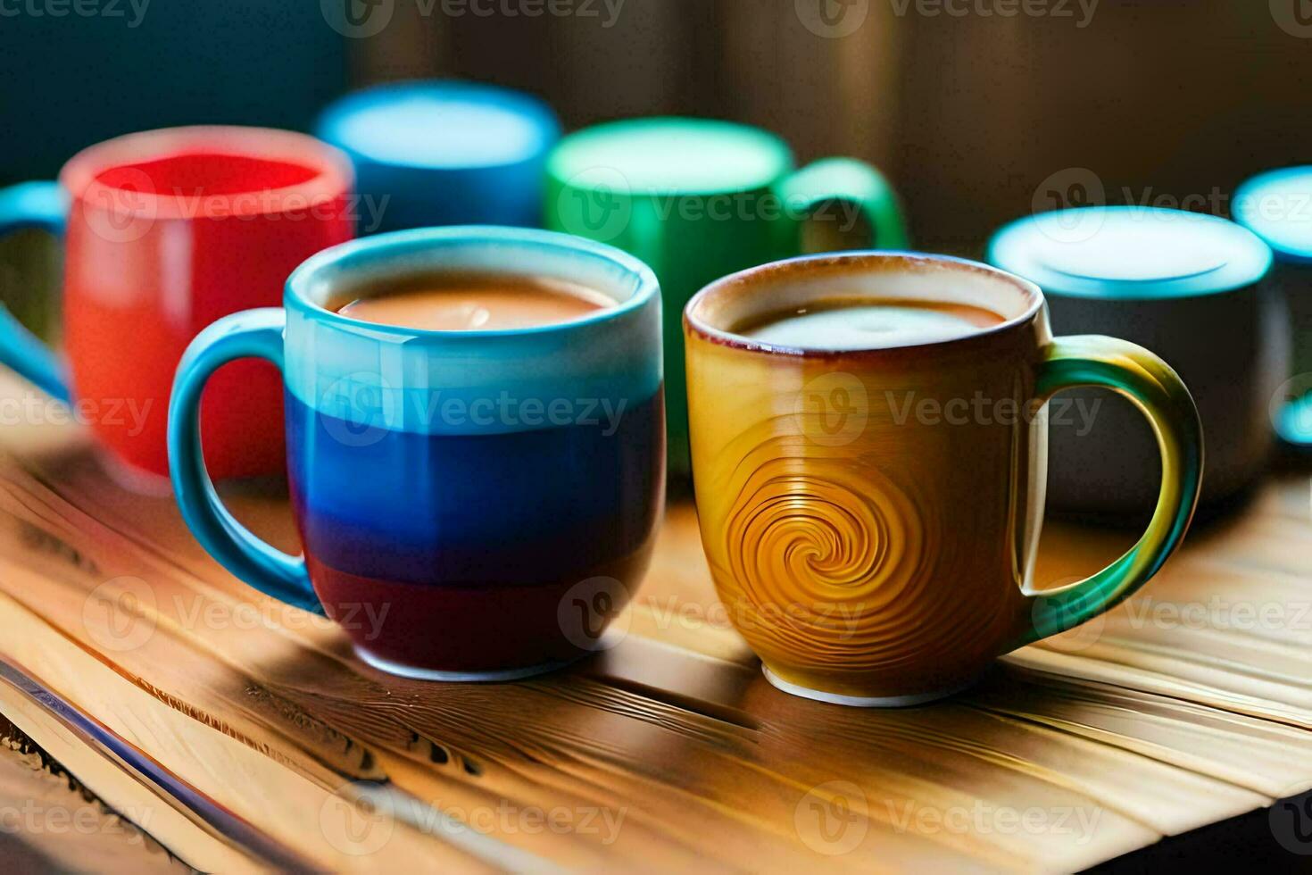 colorful coffee cups on a wooden table. AI-Generated photo