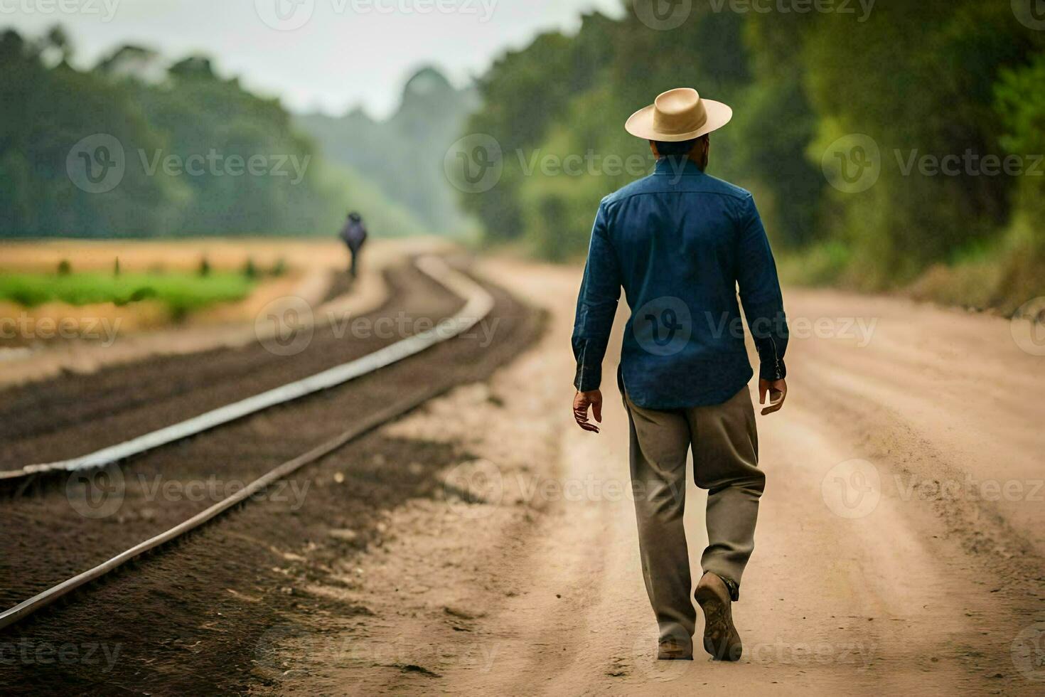 a man in a hat walks down a dirt road. AI-Generated photo