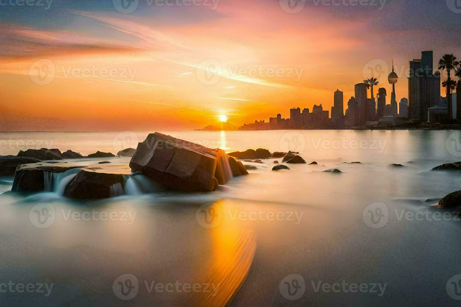 the sun sets over the city skyline in kuwait. AI-Generated photo