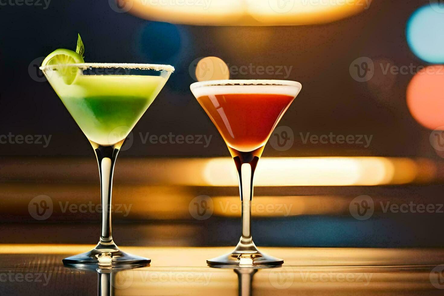 two cocktails on a bar table. AI-Generated photo