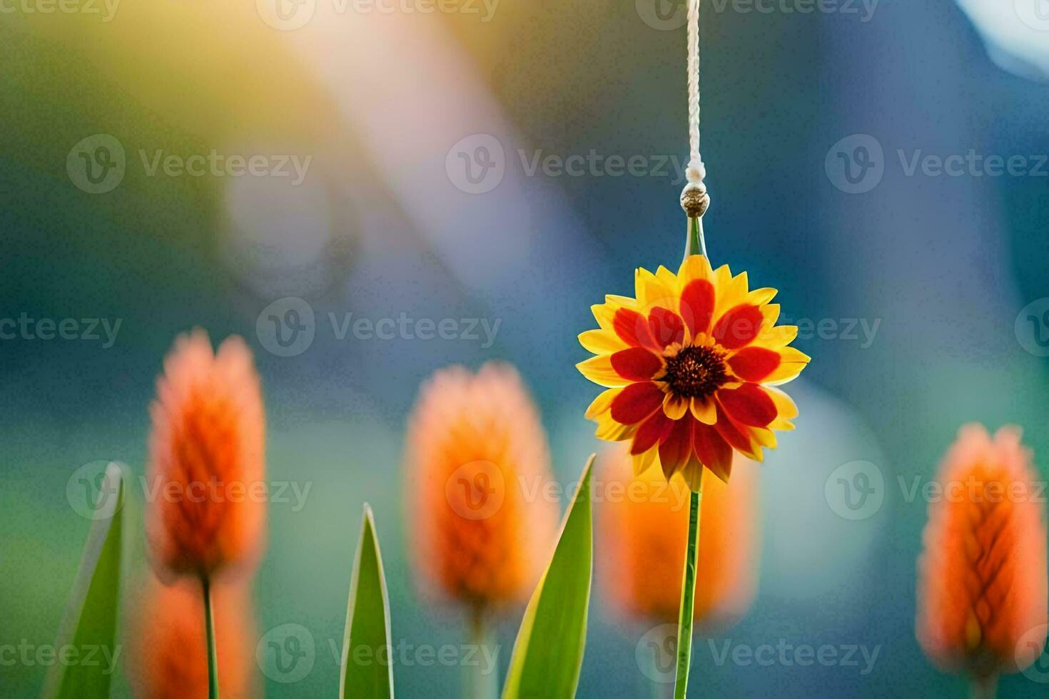 a red and yellow flower hanging from a string. AI-Generated photo