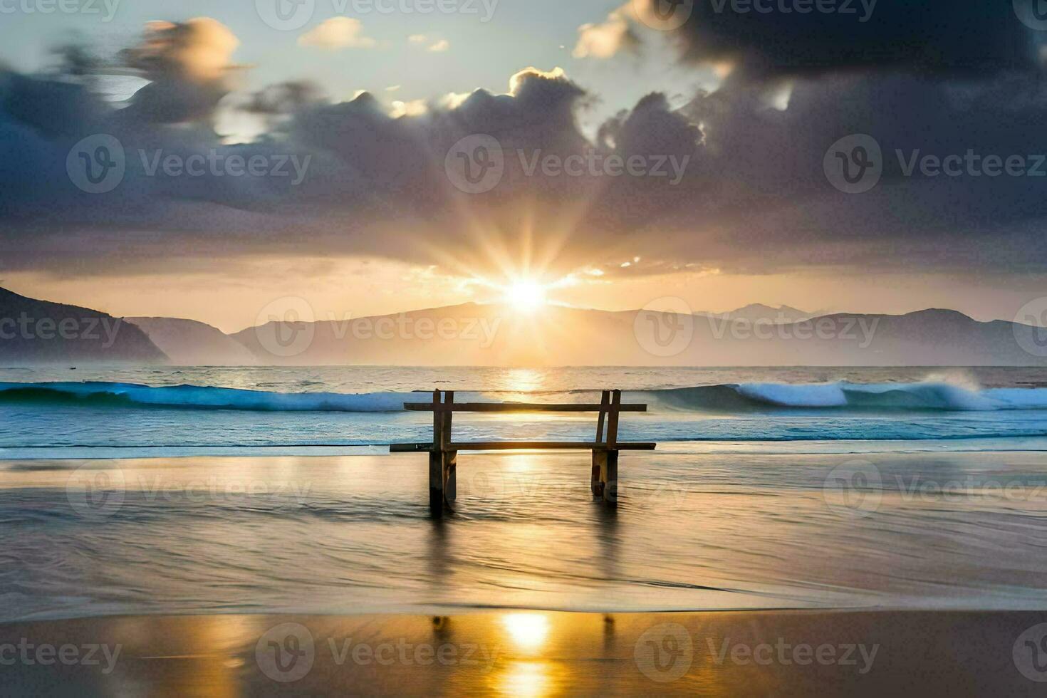 the bench on the beach at sunset. AI-Generated photo