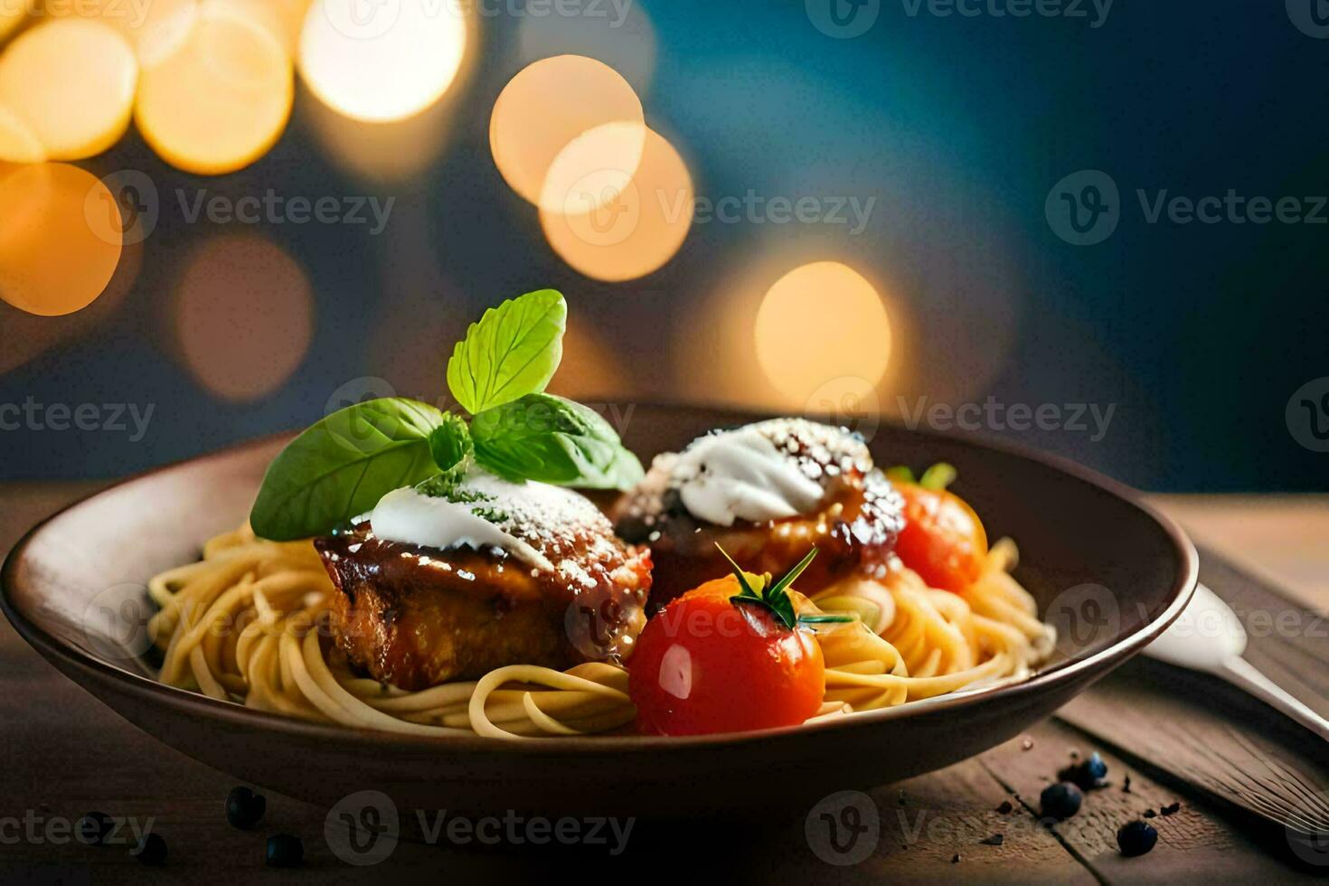 spaghetti with meatballs and tomatoes in a bowl. AI-Generated photo