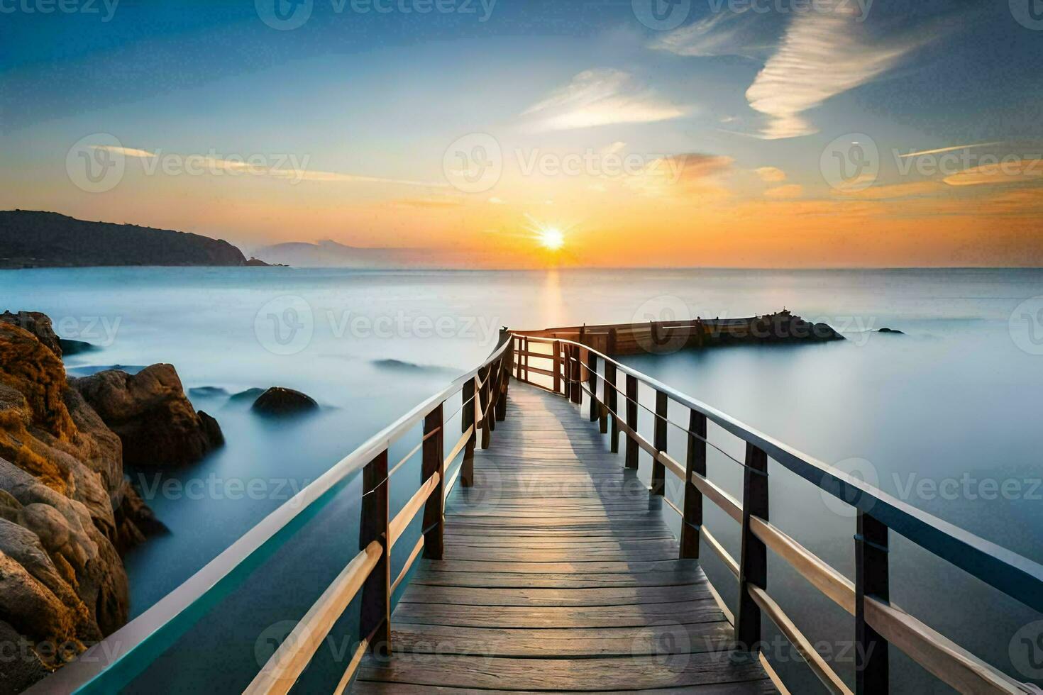 a wooden bridge leads to the ocean at sunset. AI-Generated photo