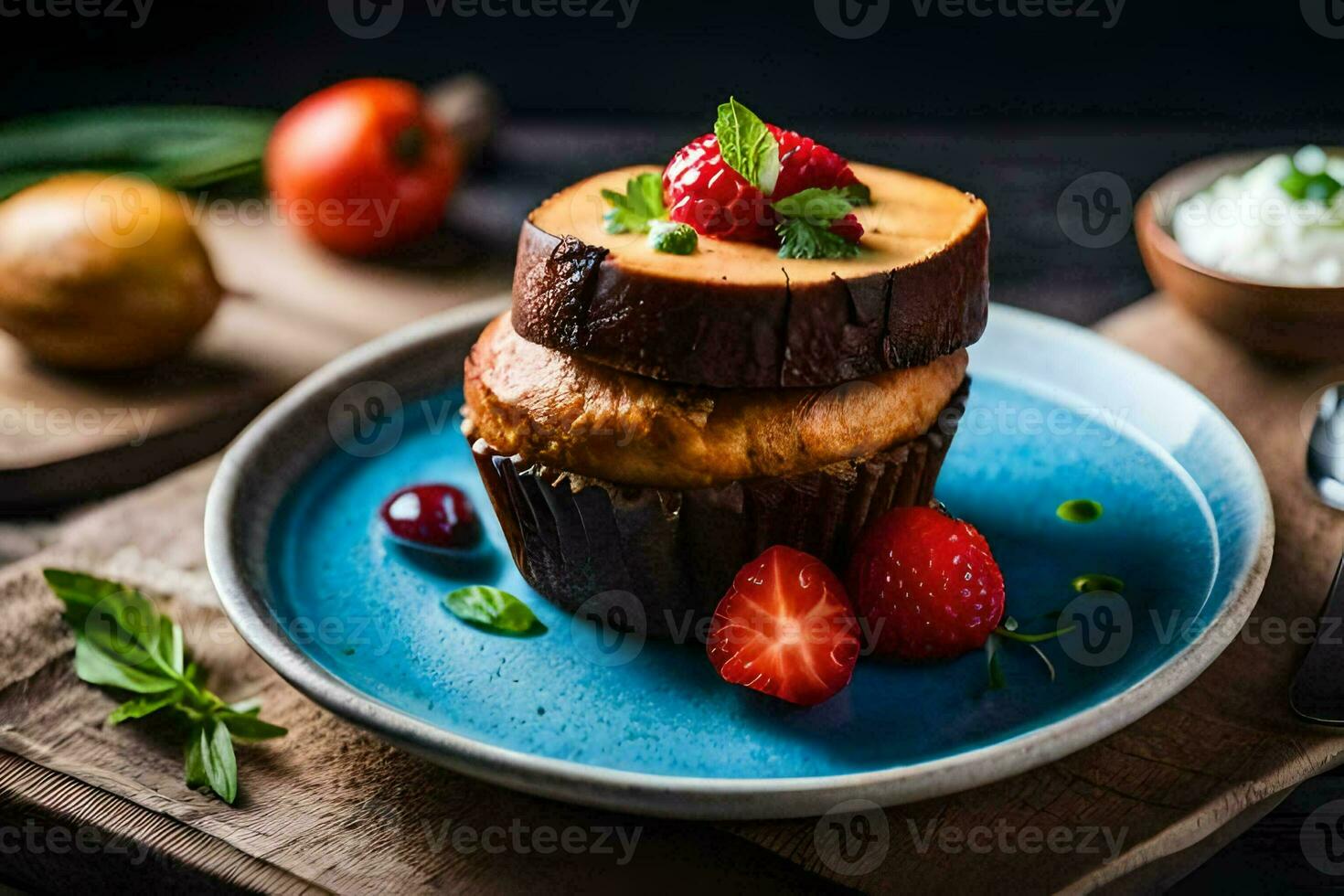 a blue plate topped with a muffin and strawberries. AI-Generated photo