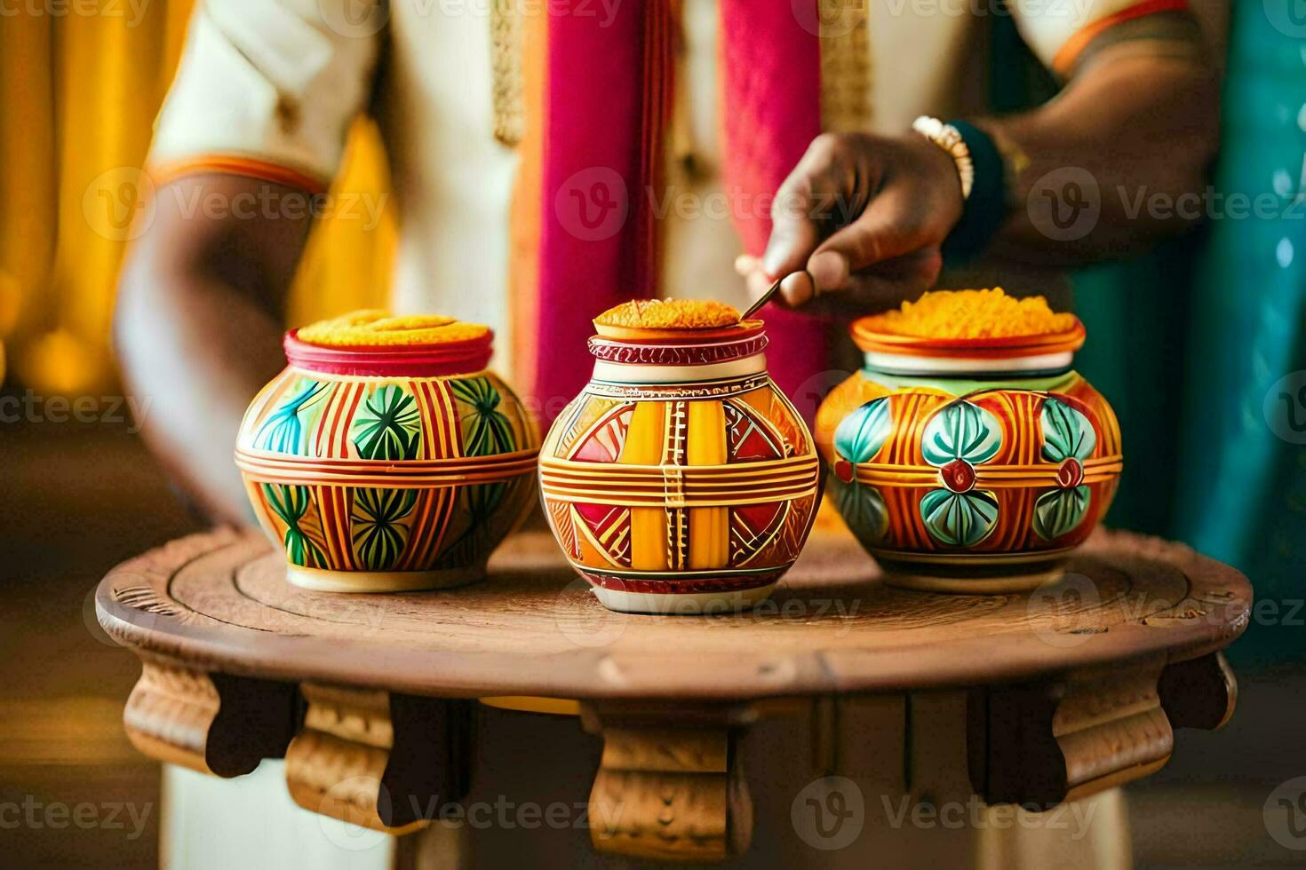 a man in an indian outfit is holding three small jars. AI-Generated photo
