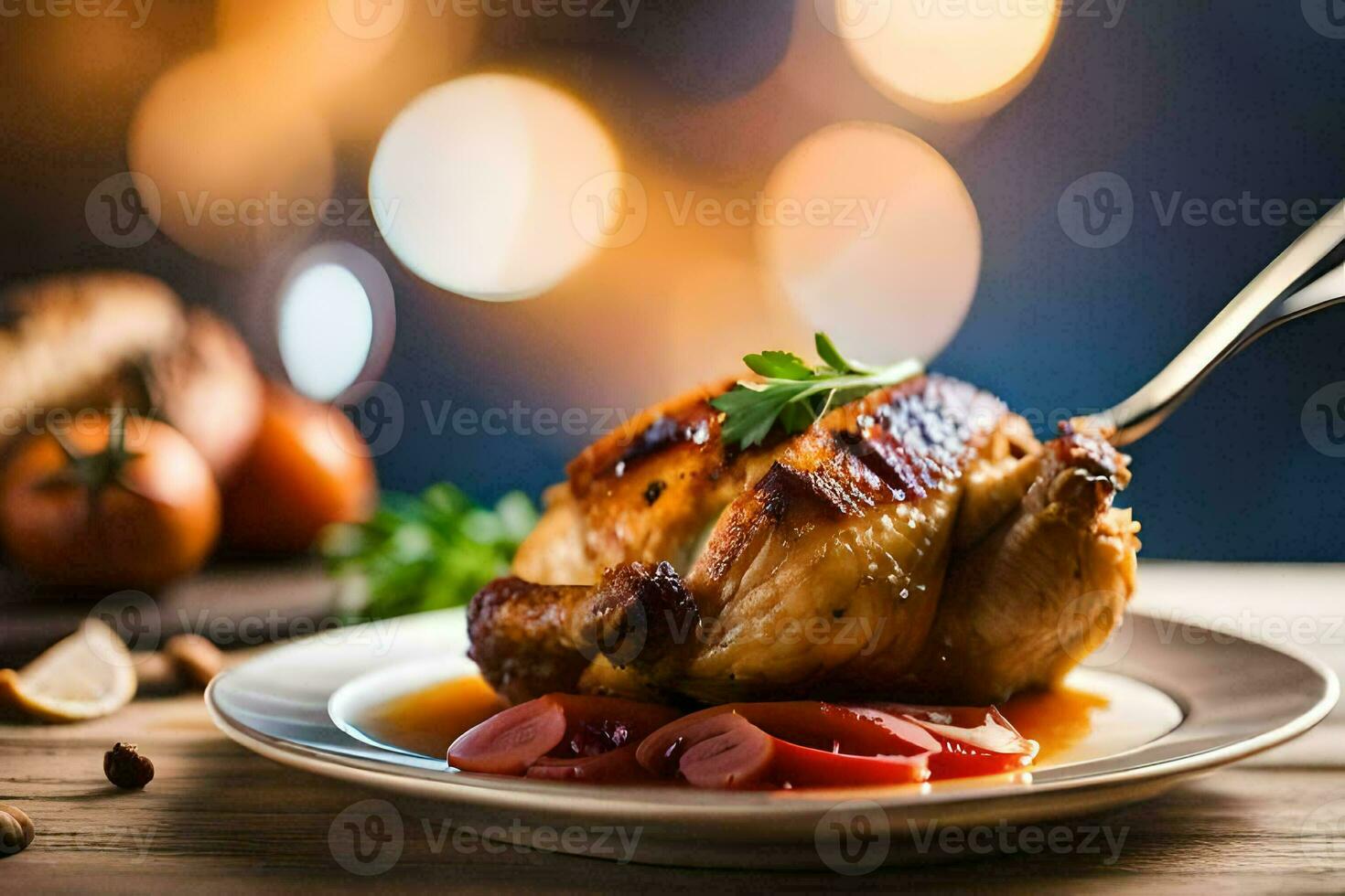 a chicken on a plate with a fork. AI-Generated photo