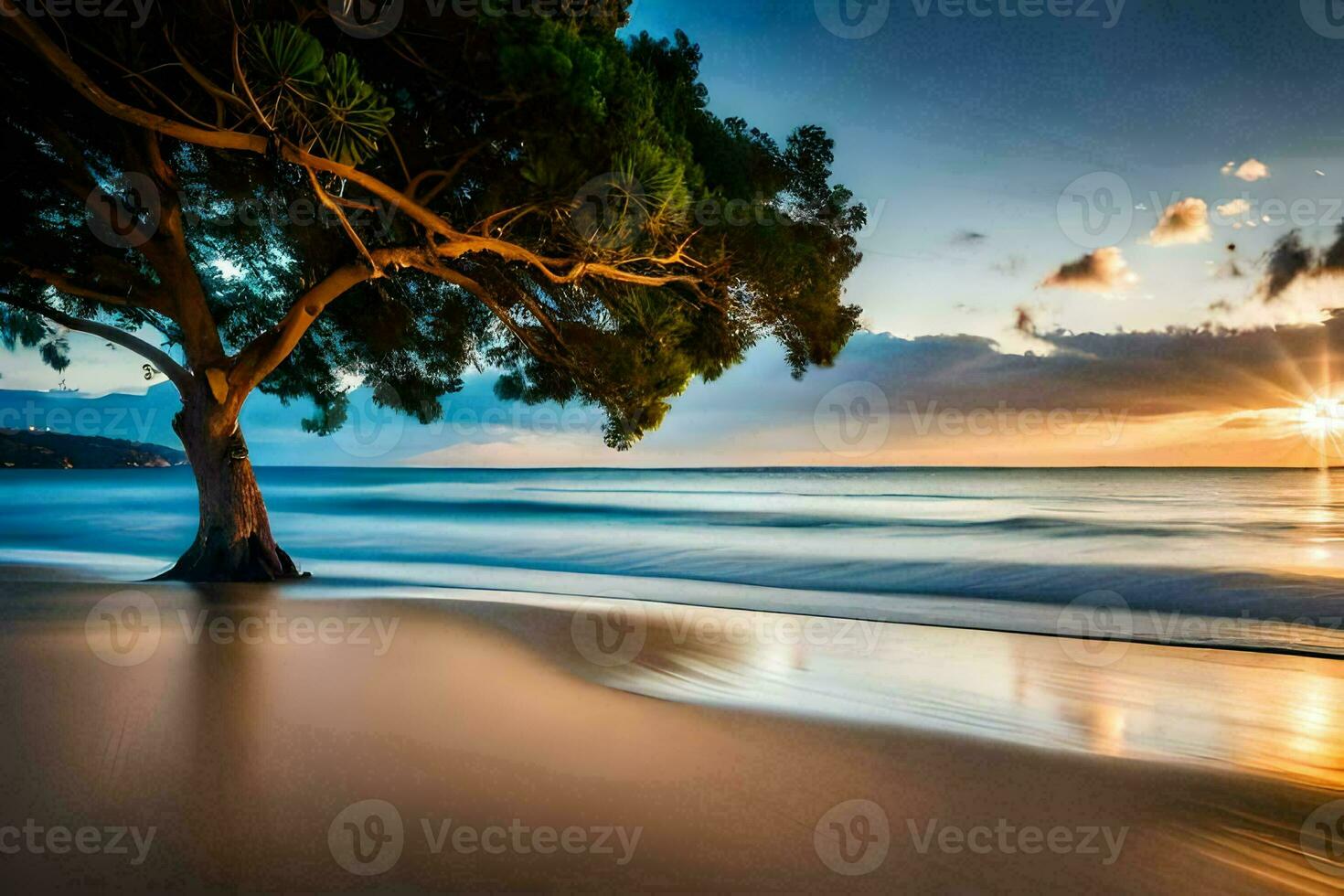 a tree on the beach at sunset. AI-Generated photo