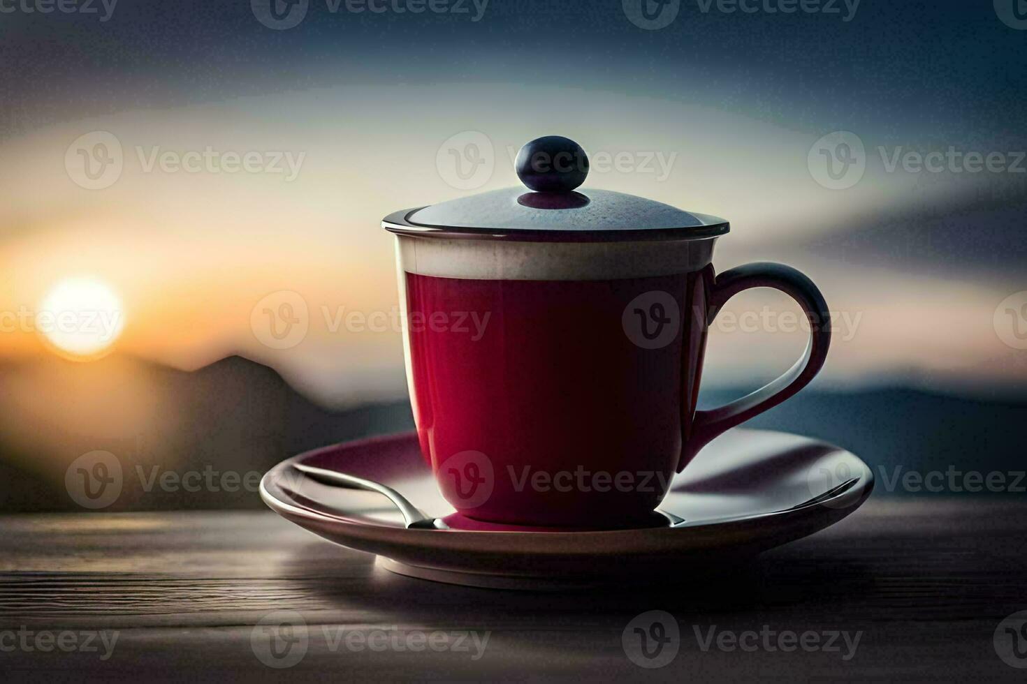 coffee cup on a wooden table with sunset in the background. AI-Generated photo