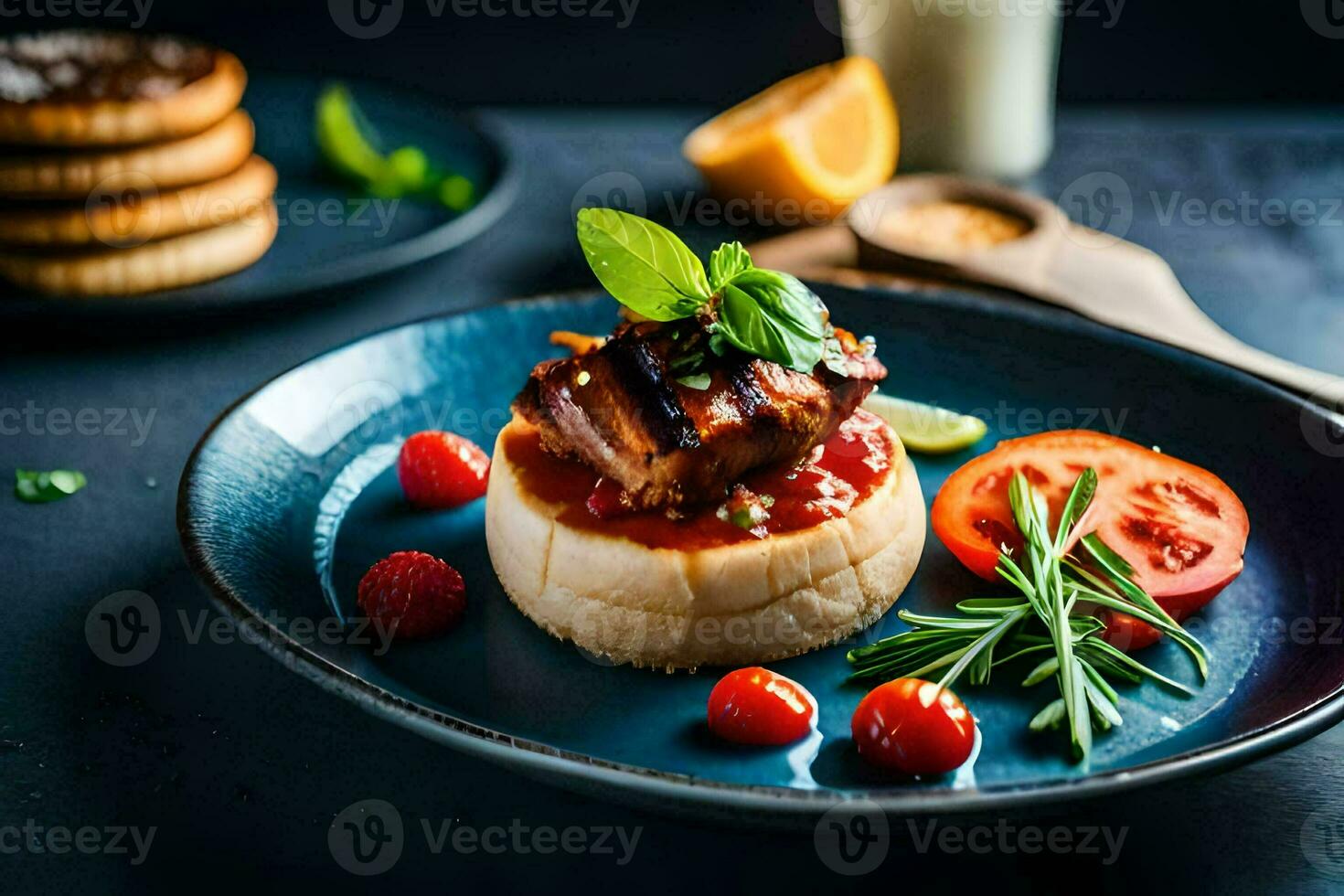 a plate with a dish of food on it. AI-Generated photo