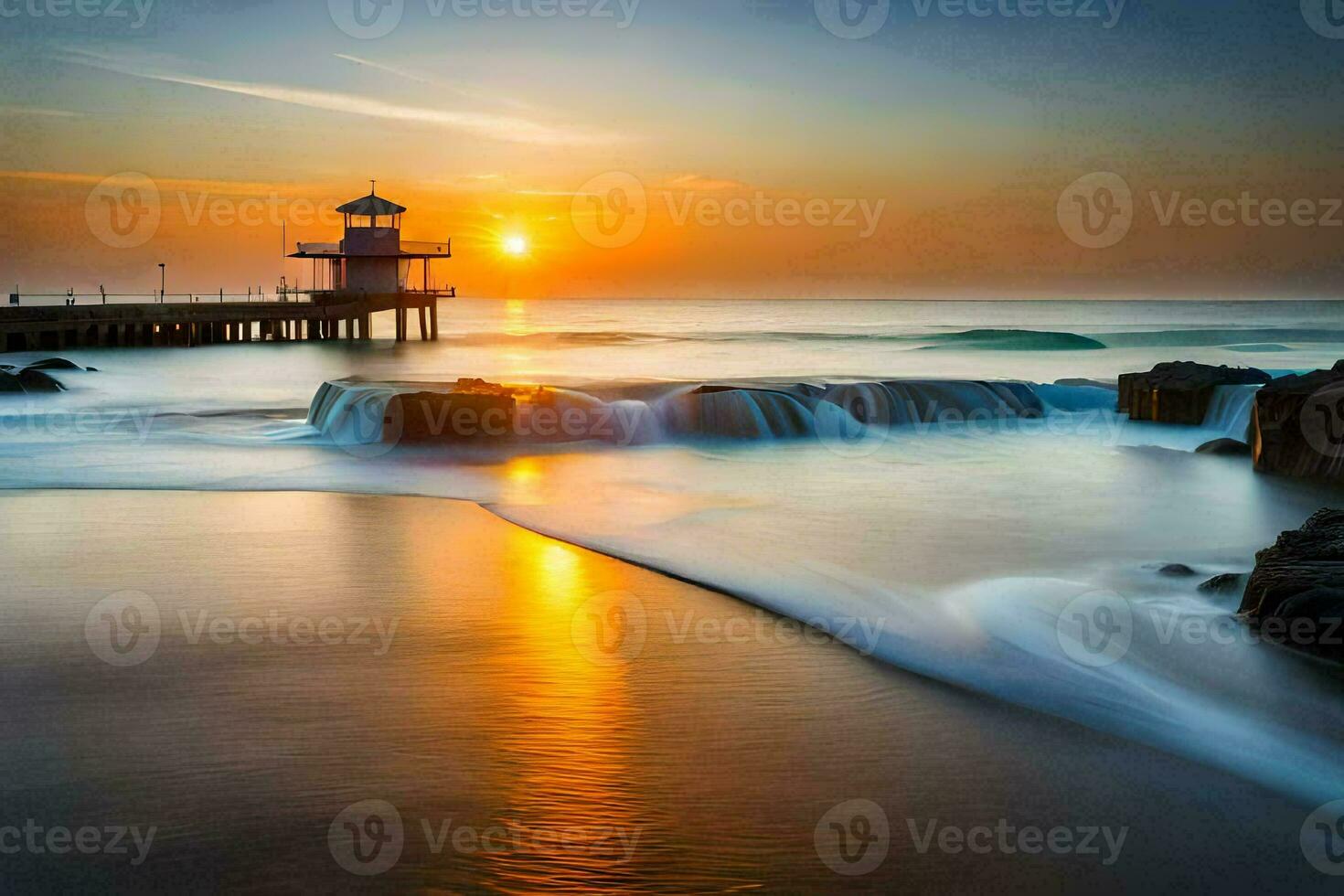 the sunrise over the ocean with a lighthouse in the foreground. AI-Generated photo