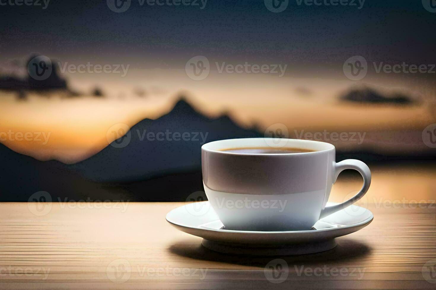 coffee cup on the table with mountains in the background. AI-Generated photo