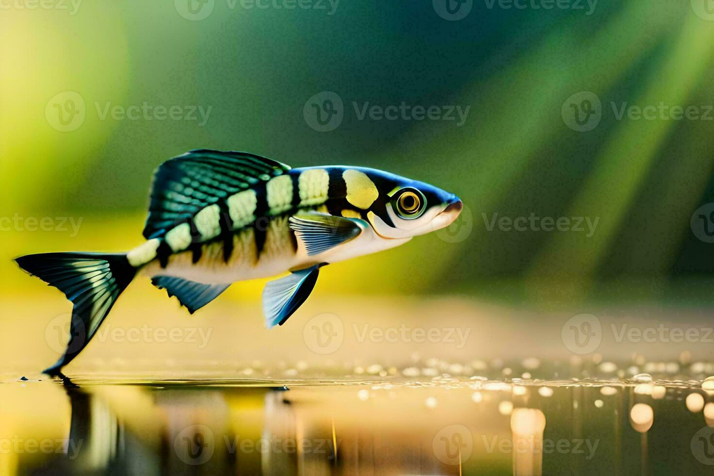 a fish is standing on the water with a green background. AI-Generated photo