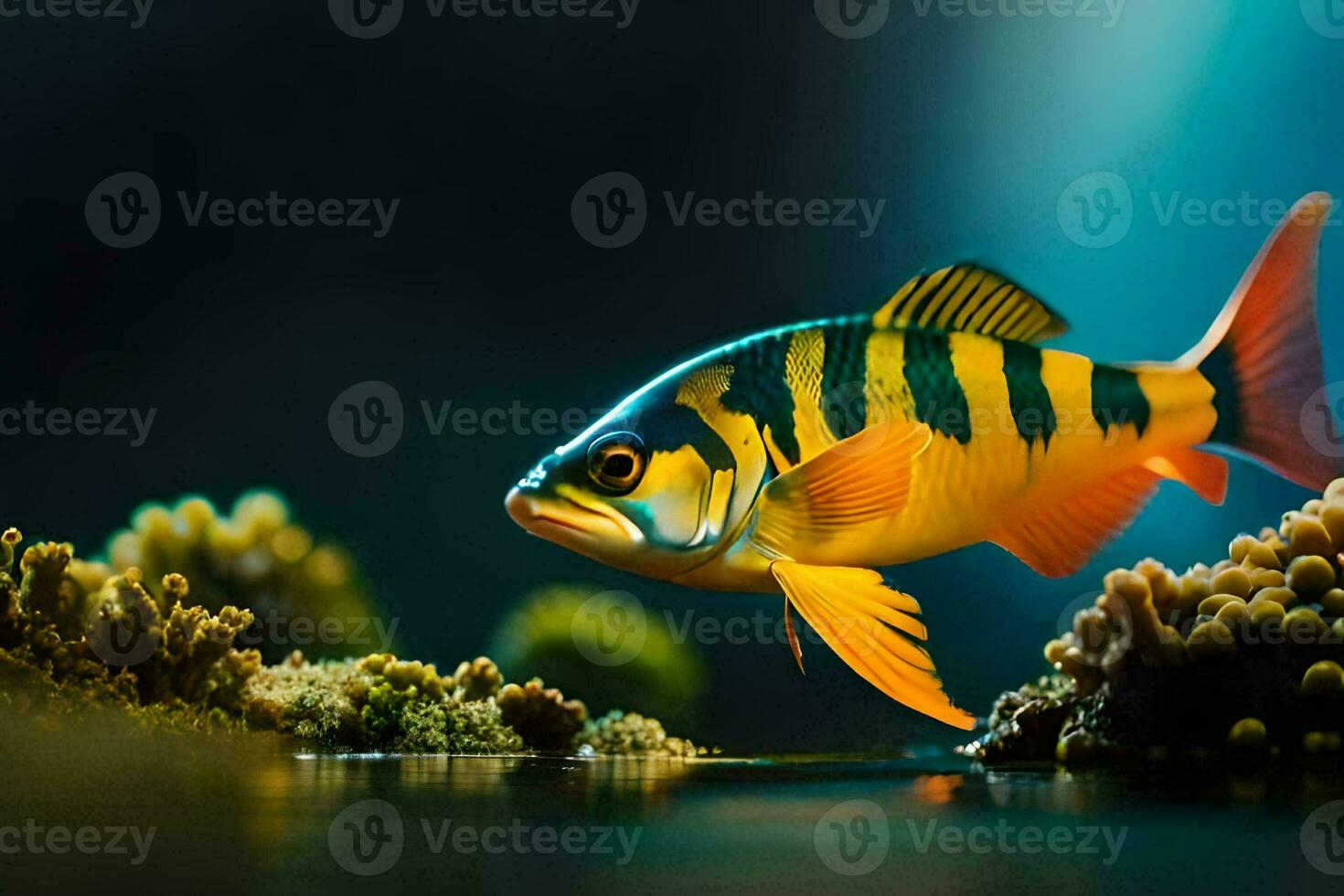 a fish with yellow and black stripes swimming in the water. AI-Generated photo