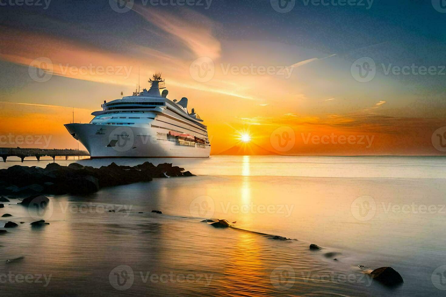 a cruise ship in the ocean at sunset. AI-Generated photo