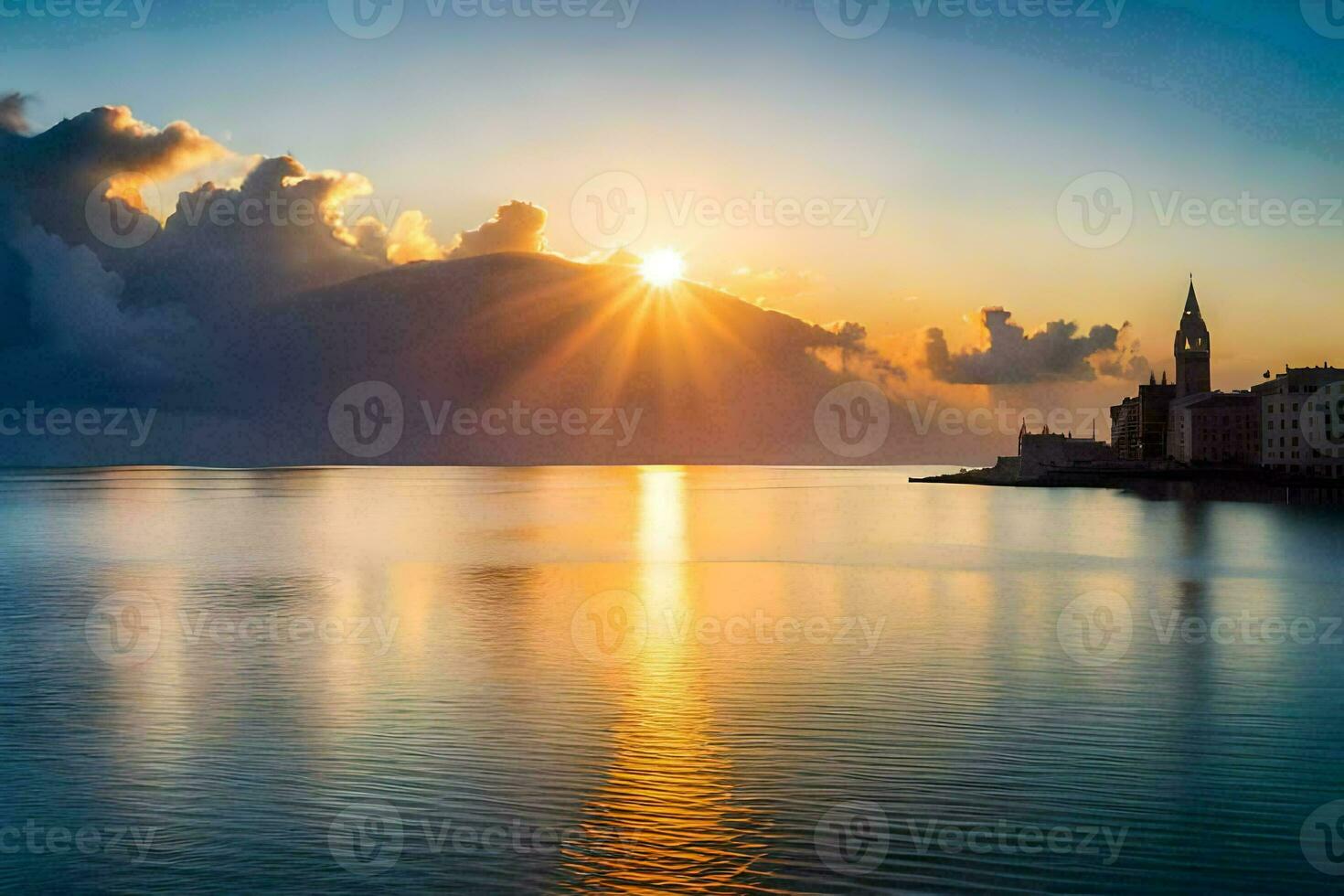 the sun rises over the water and clouds. AI-Generated photo