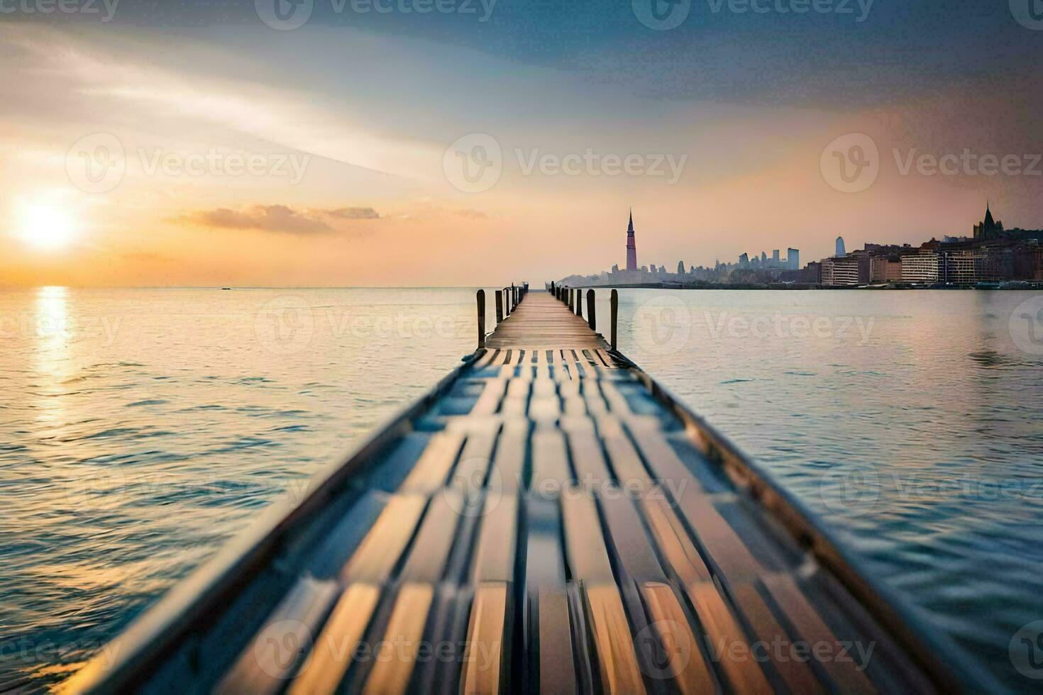 a long pier stretching into the ocean at sunset. AI-Generated photo
