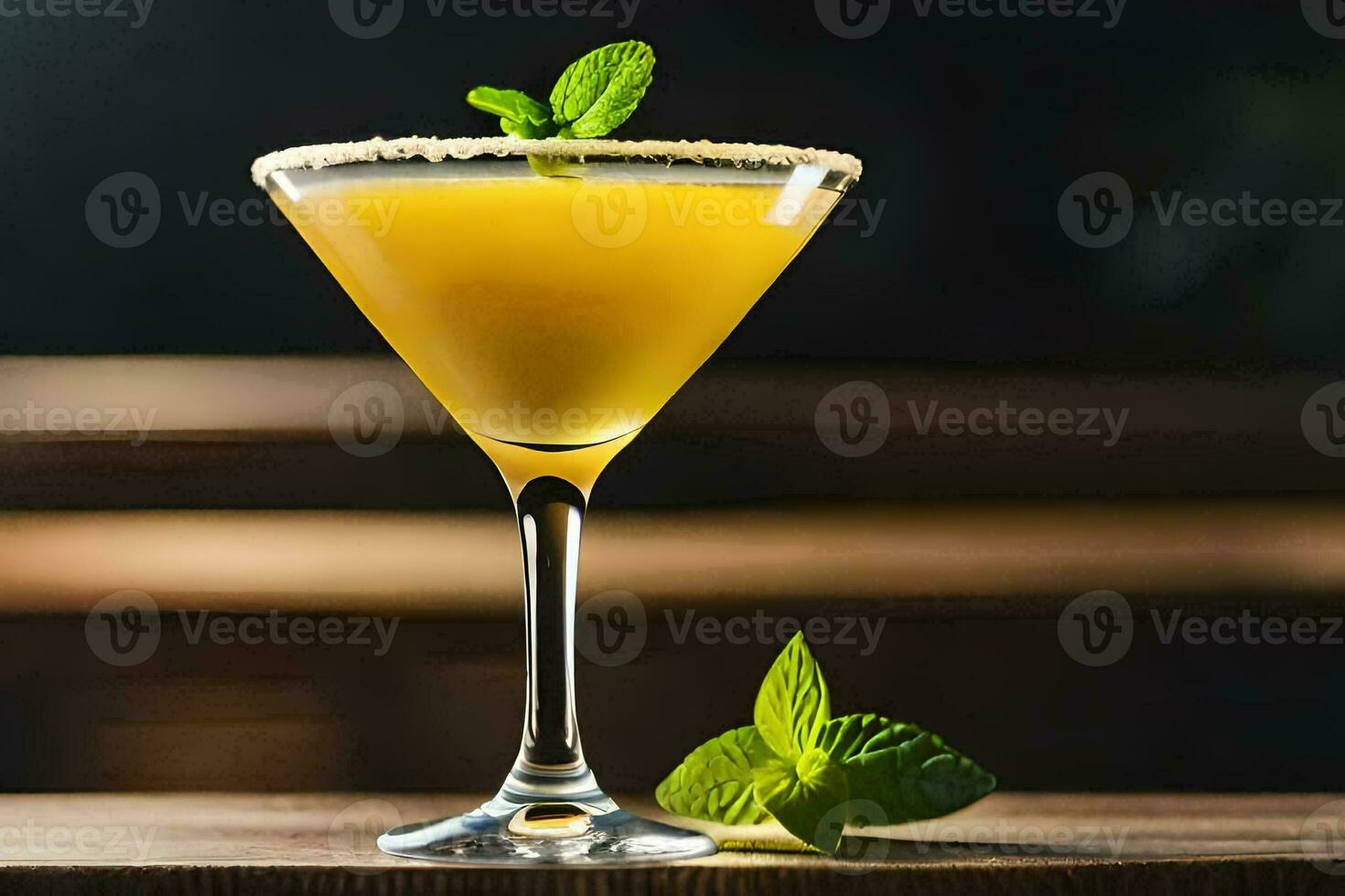 a cocktail with a lime garnish on a wooden table. AI-Generated photo