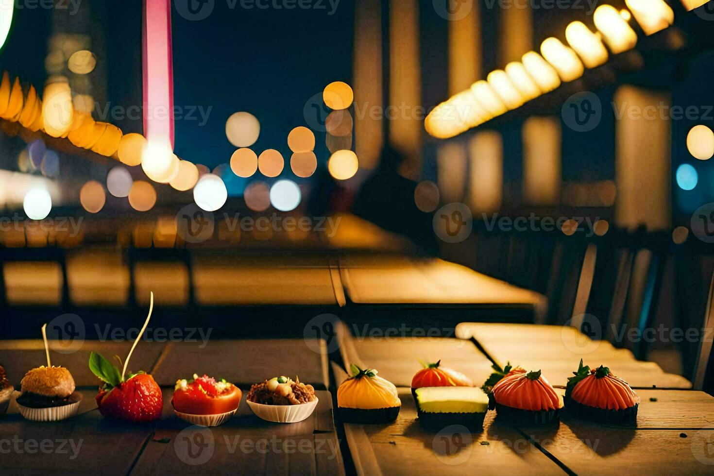 desserts on a table at night. AI-Generated photo