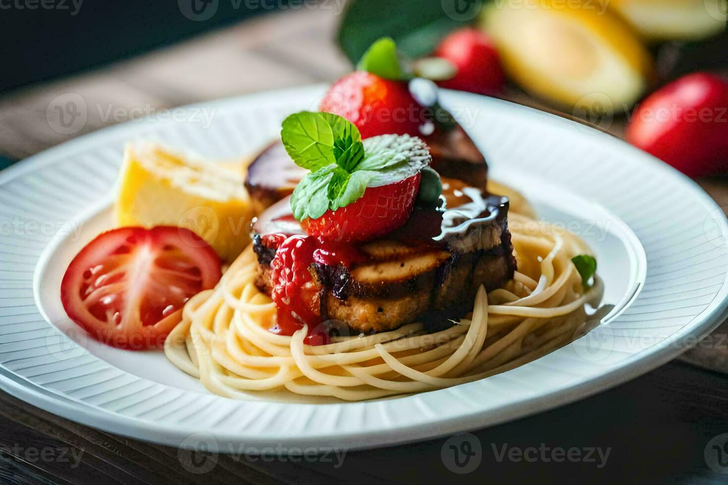 a plate with spaghetti and meat on it. AI-Generated photo