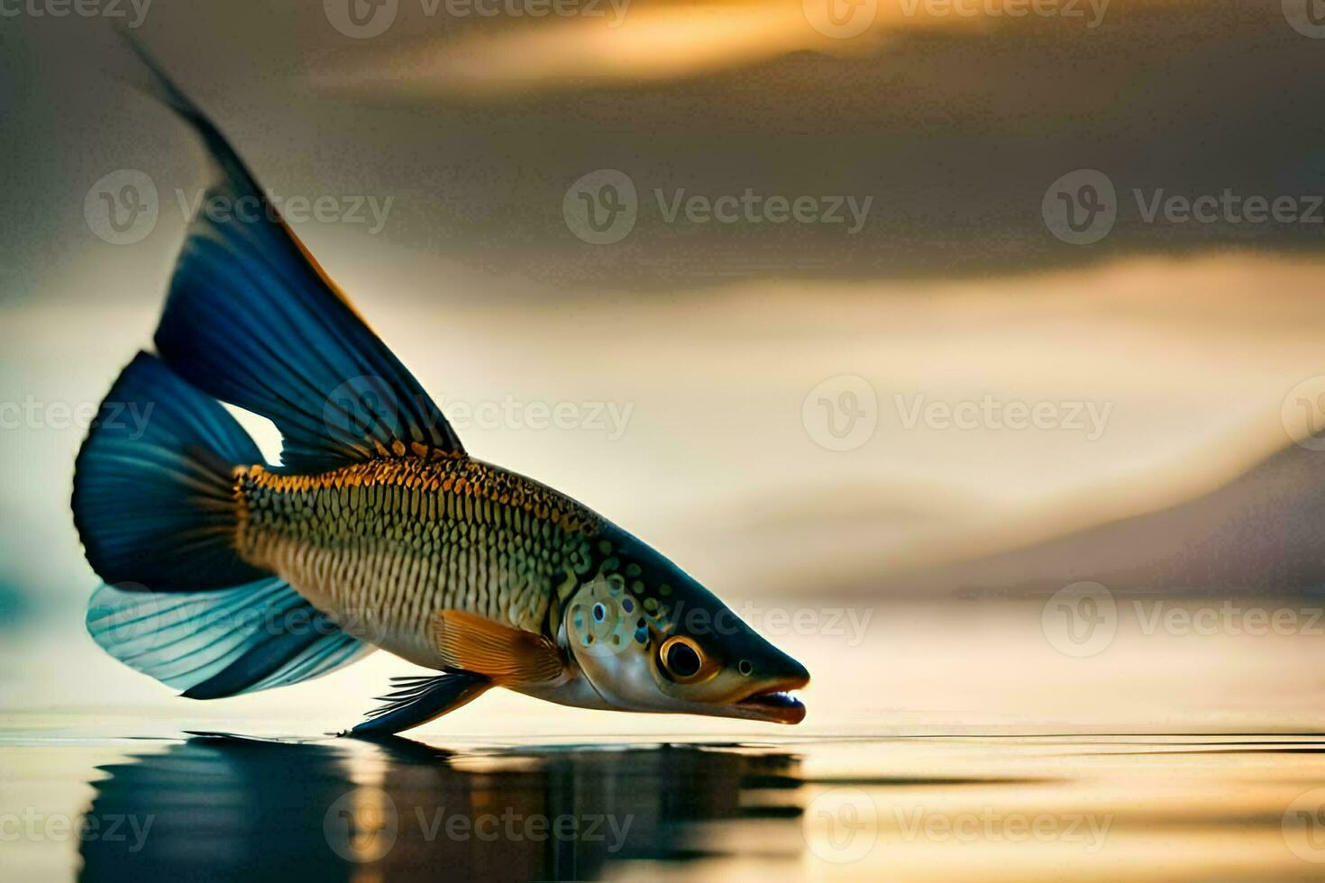 a fish with a long tail is floating on the water. AI-Generated photo