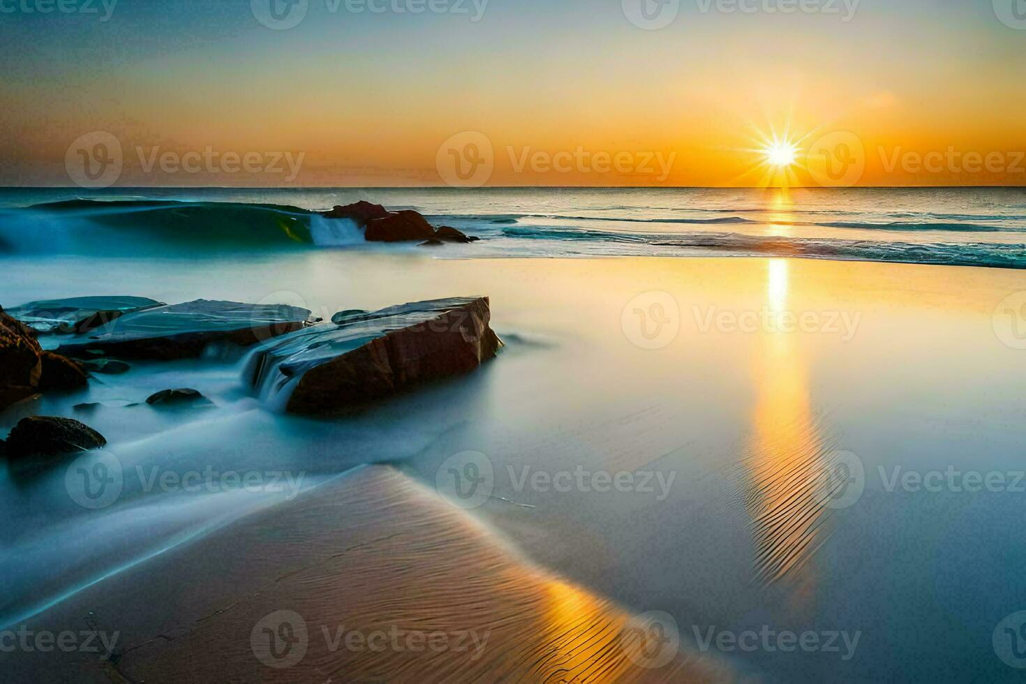 the sun rises over the ocean and rocks at the beach. AI-Generated photo