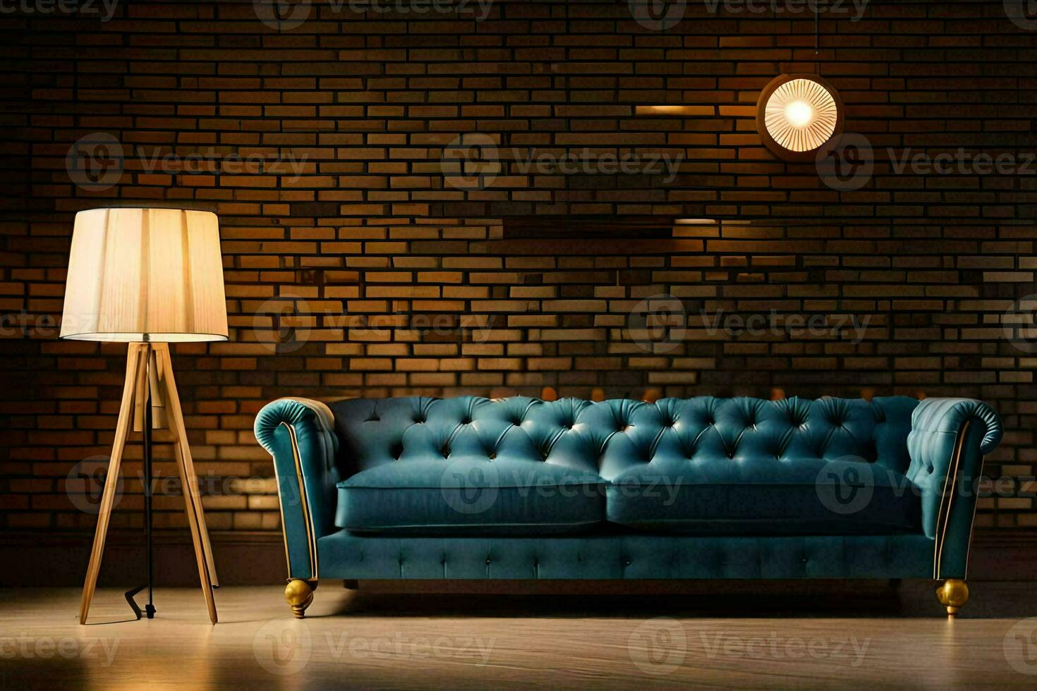 a blue couch and lamp in front of a brick wall. AI-Generated photo