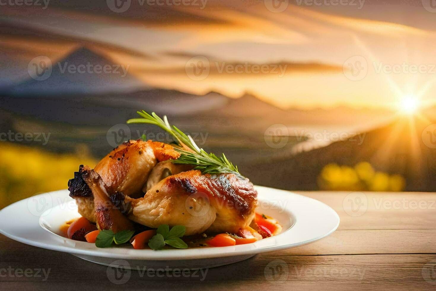 chicken on a plate with vegetables and a sunset in the background. AI-Generated photo