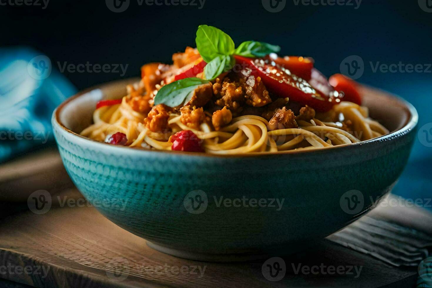 spaghetti with meat and tomatoes in a bowl. AI-Generated photo