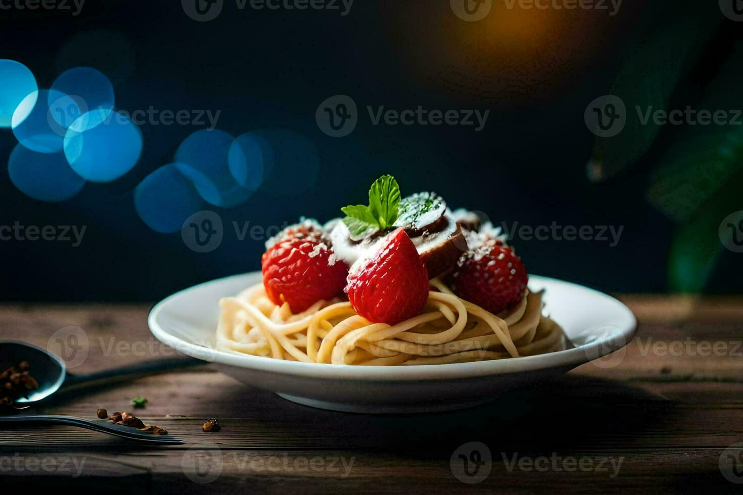 spaghetti with strawberries and mint on a plate. AI-Generated photo