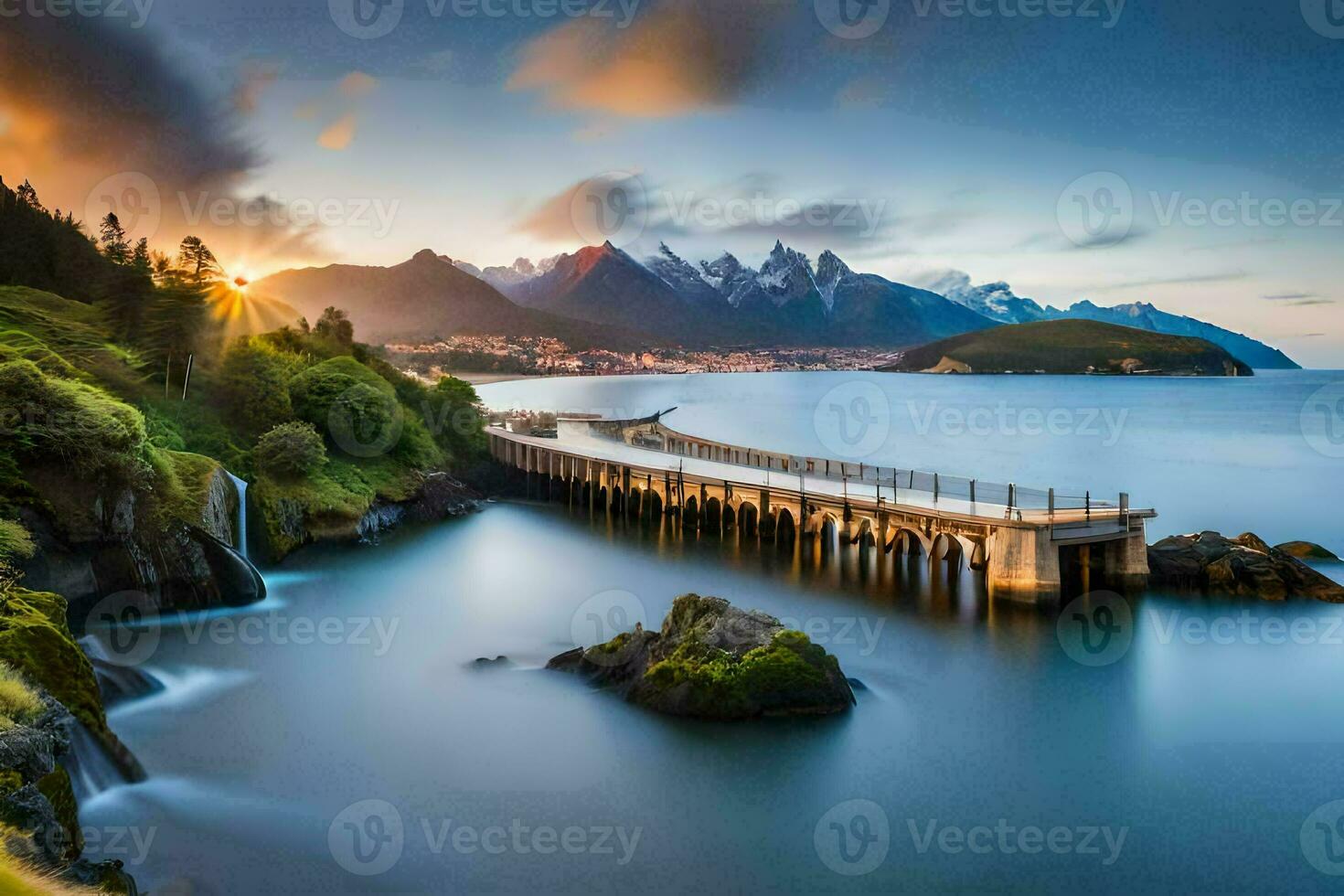 un muelle en el Oceano con montañas en el antecedentes. generado por ai foto