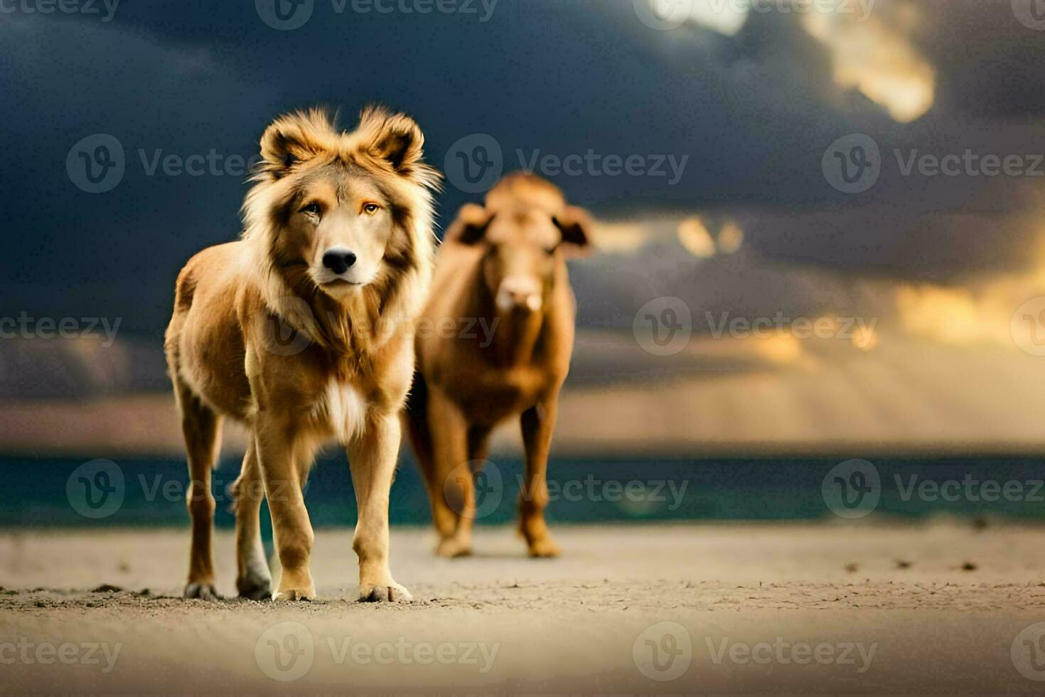 two lions standing on the beach at sunset. AI-Generated photo