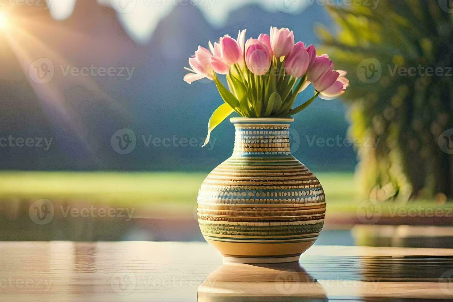 a vase with pink flowers sitting on a table in front of a lake. AI-Generated photo