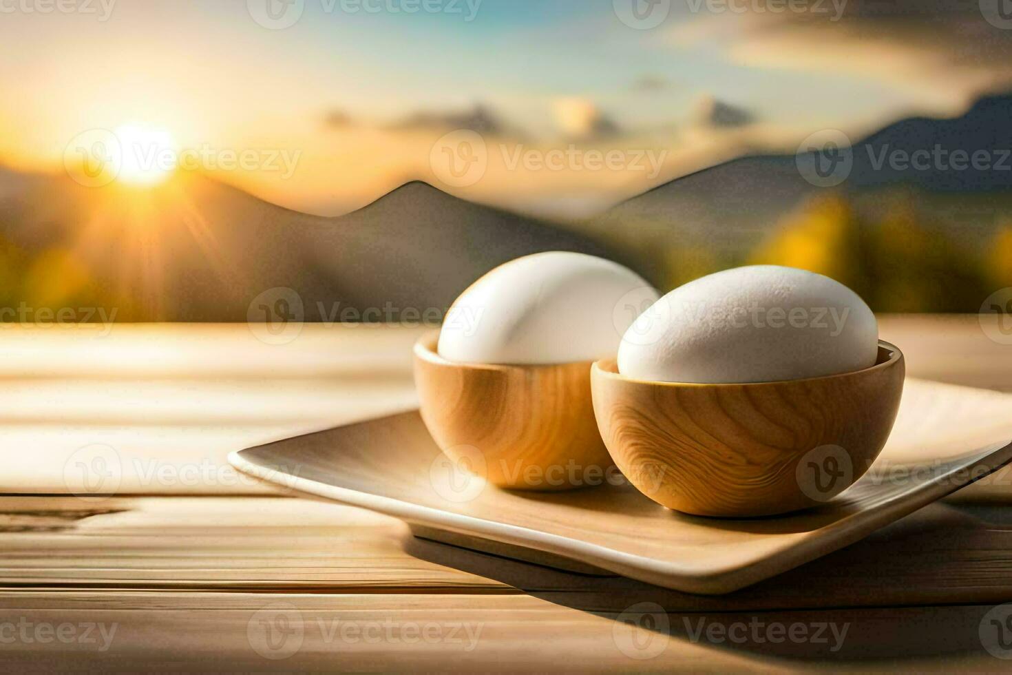 two eggs on a wooden plate with mountains in the background. AI-Generated photo