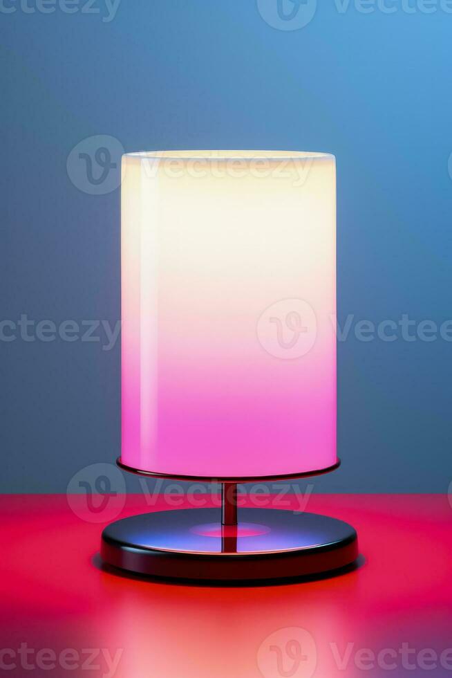 Minimalist LED table lamp illuminating brightly isolated on a gradient background photo