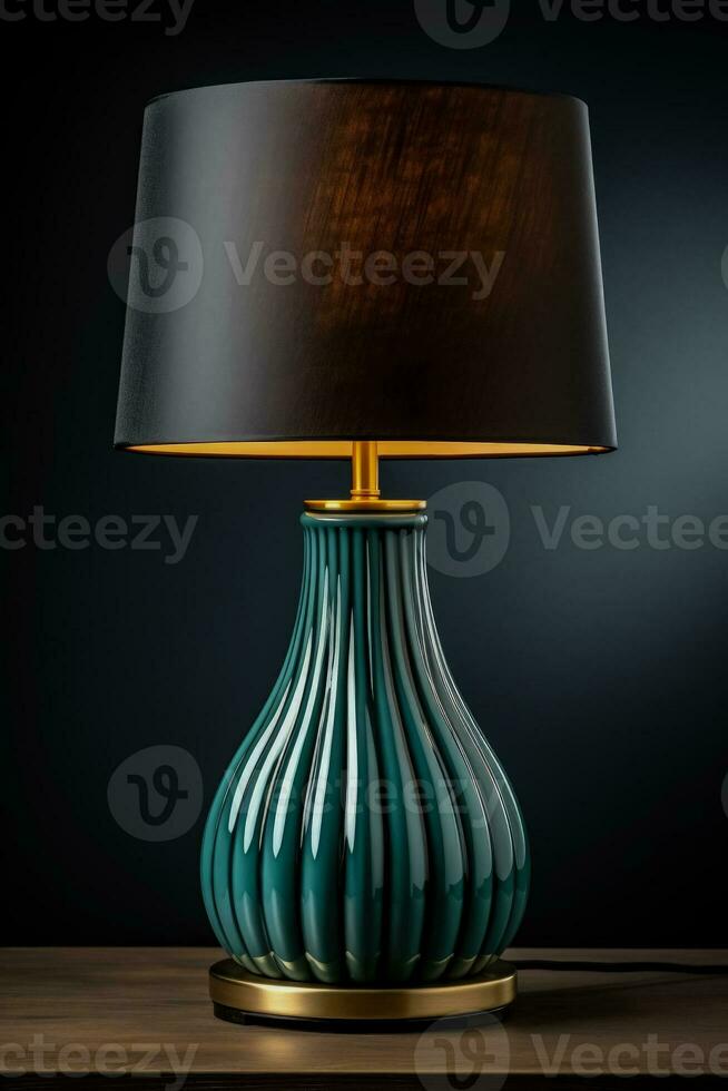 Modern ceramic table lamp on a dark surface background with empty space for text photo