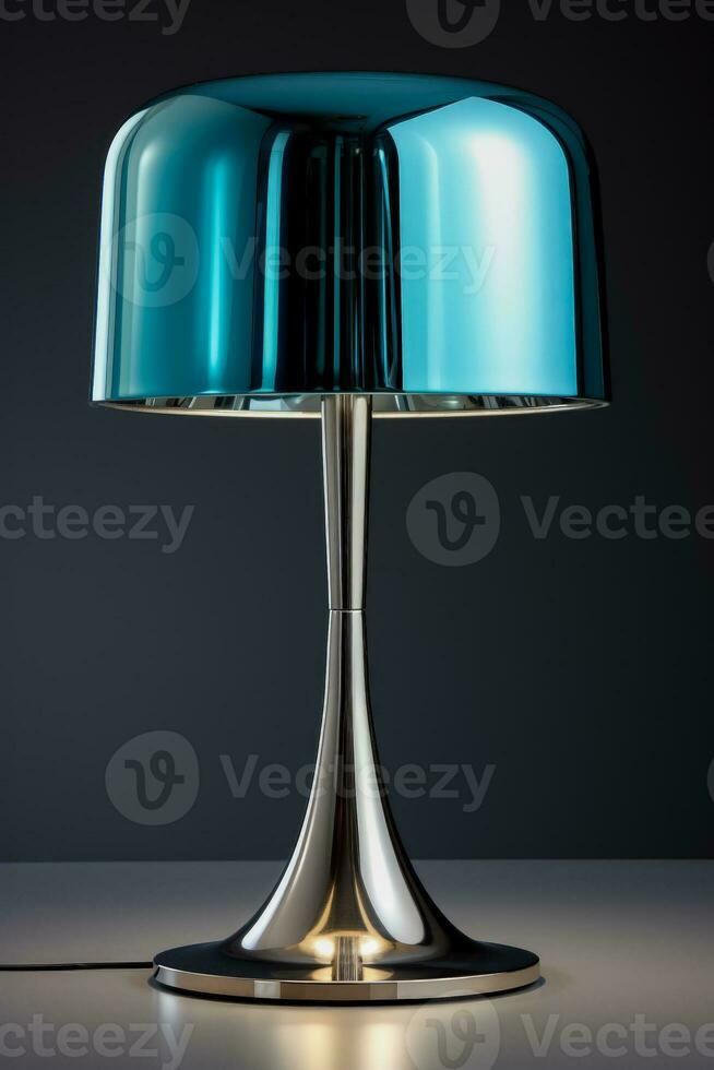 Sleek stainless steel table lamp reflecting light isolated on a gradient background photo