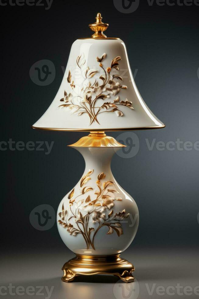 Classic porcelain table lamp spreading soothing light isolated on a gradient background photo