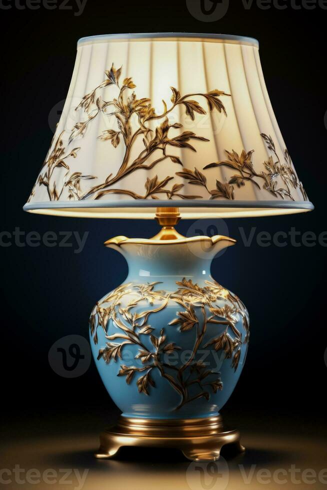 Classic porcelain table lamp spreading soothing light isolated on a gradient background photo