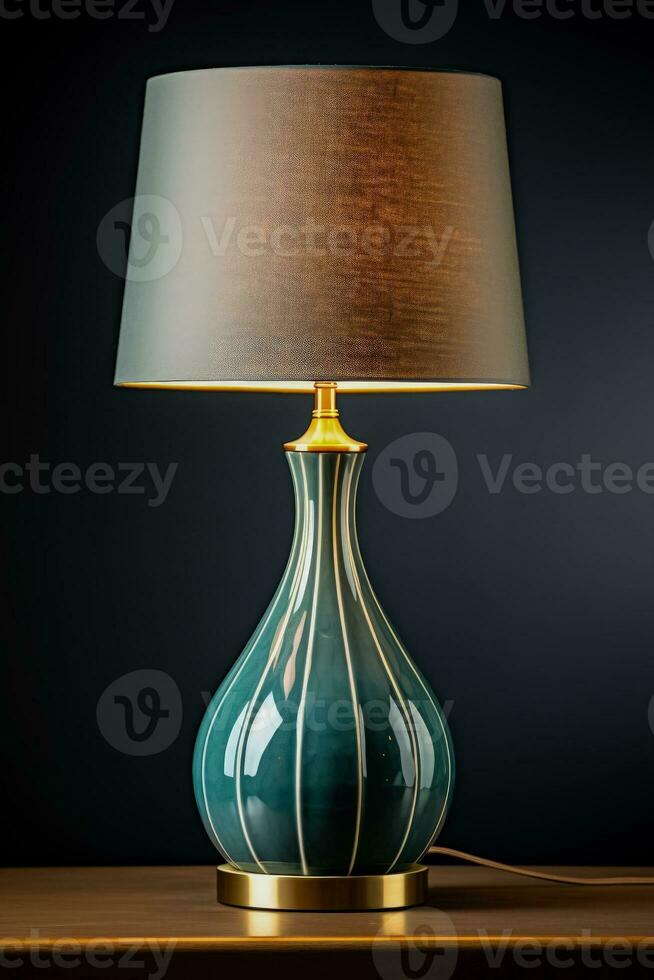 Modern ceramic table lamp on a dark surface background with empty space for text photo