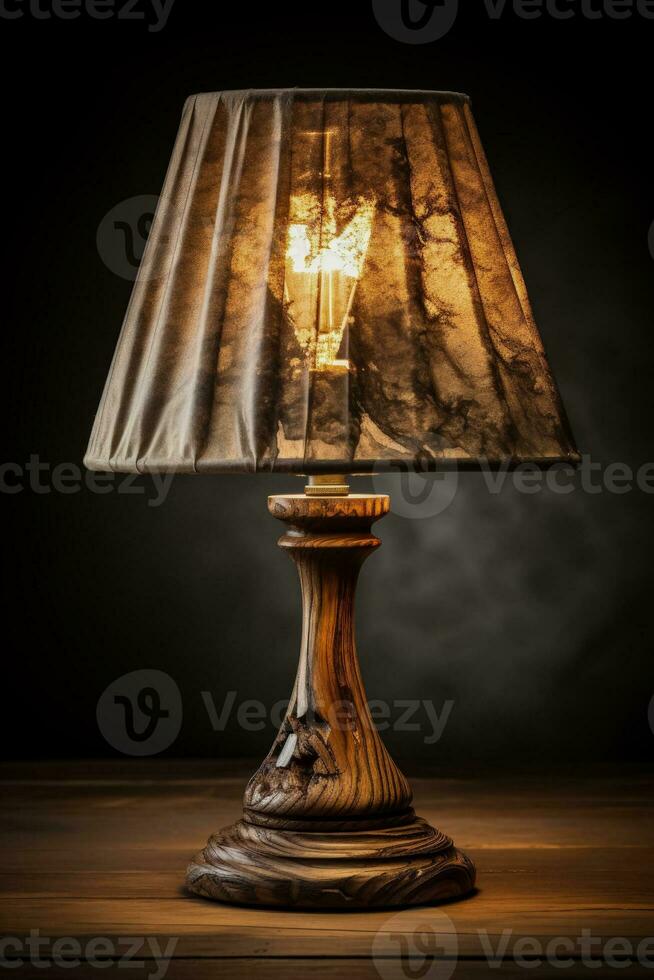 Rustic wooden table lamp radiating ambient light isolated on a gradient background photo