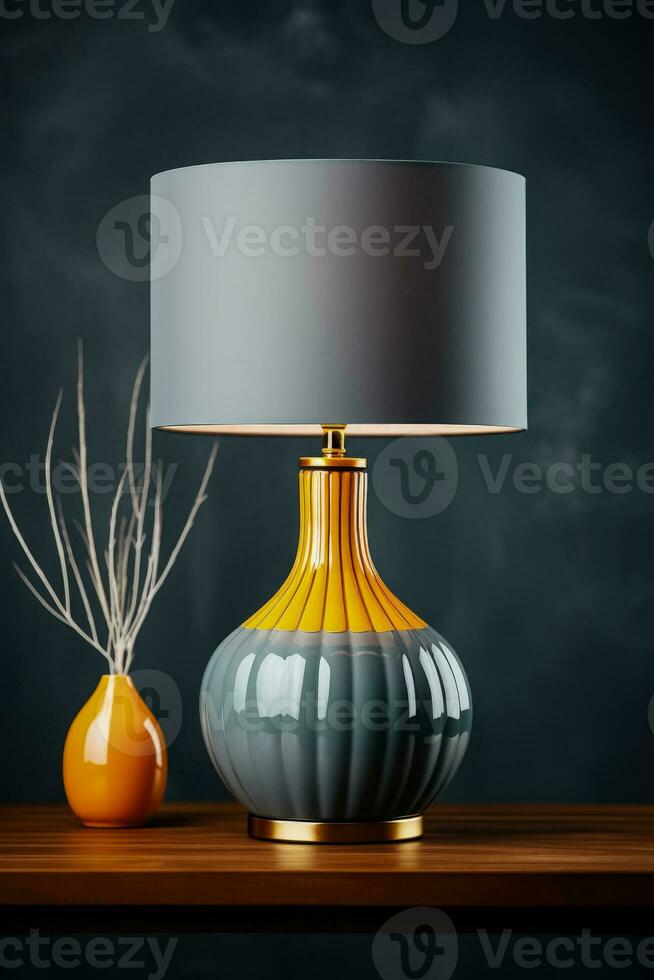 Modern ceramic table lamp on a dark surface background with empty space for text photo