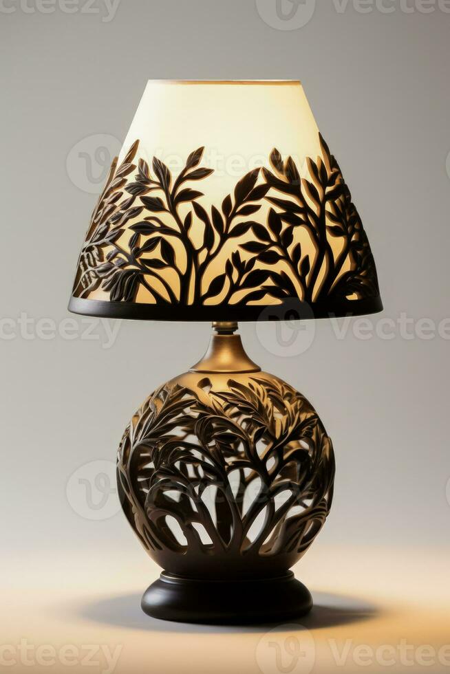 Exotic bamboo table lamp casting tropical shadows isolated on a white background photo