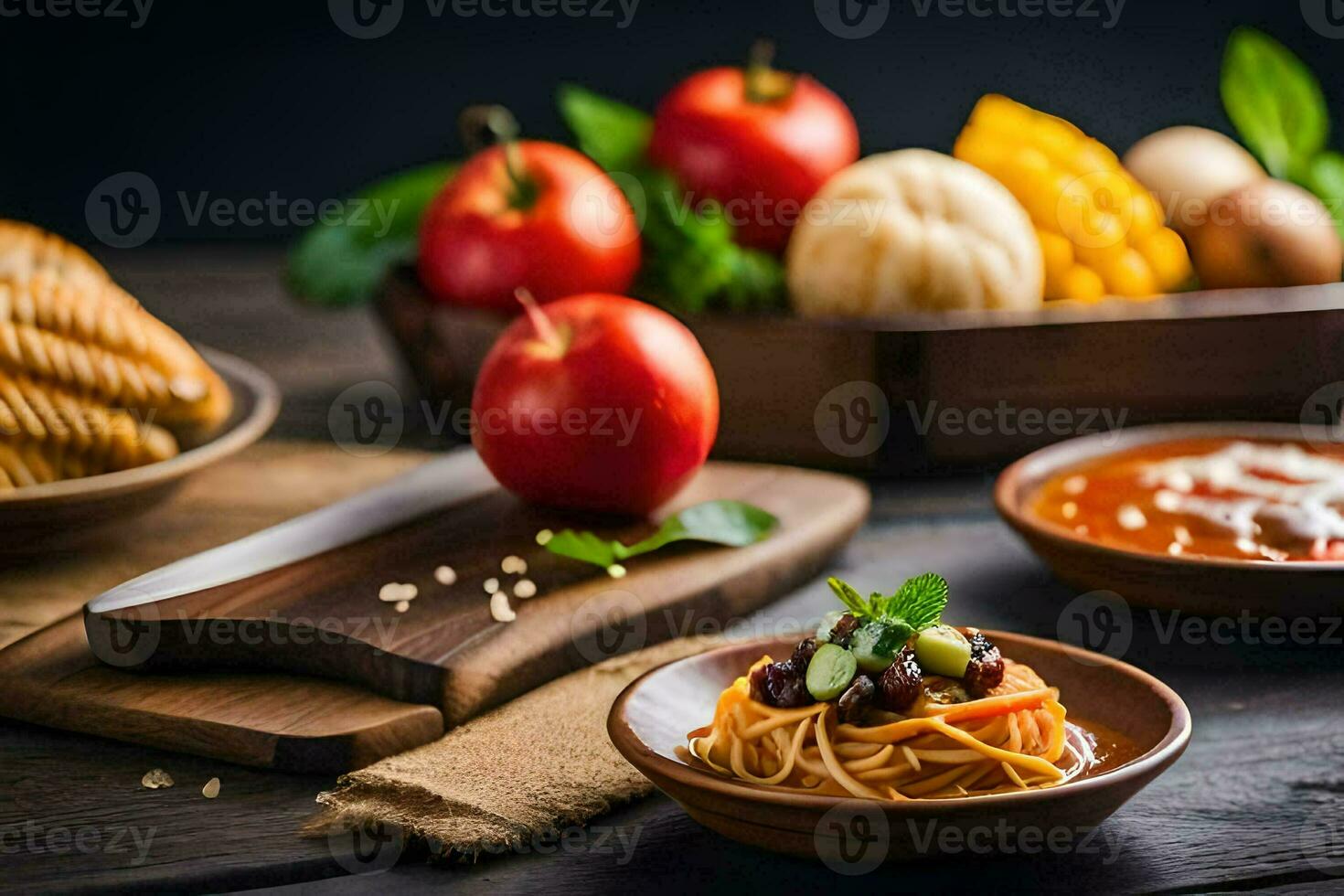 spaghetti with tomato sauce, bread and vegetables on a wooden table. AI-Generated photo