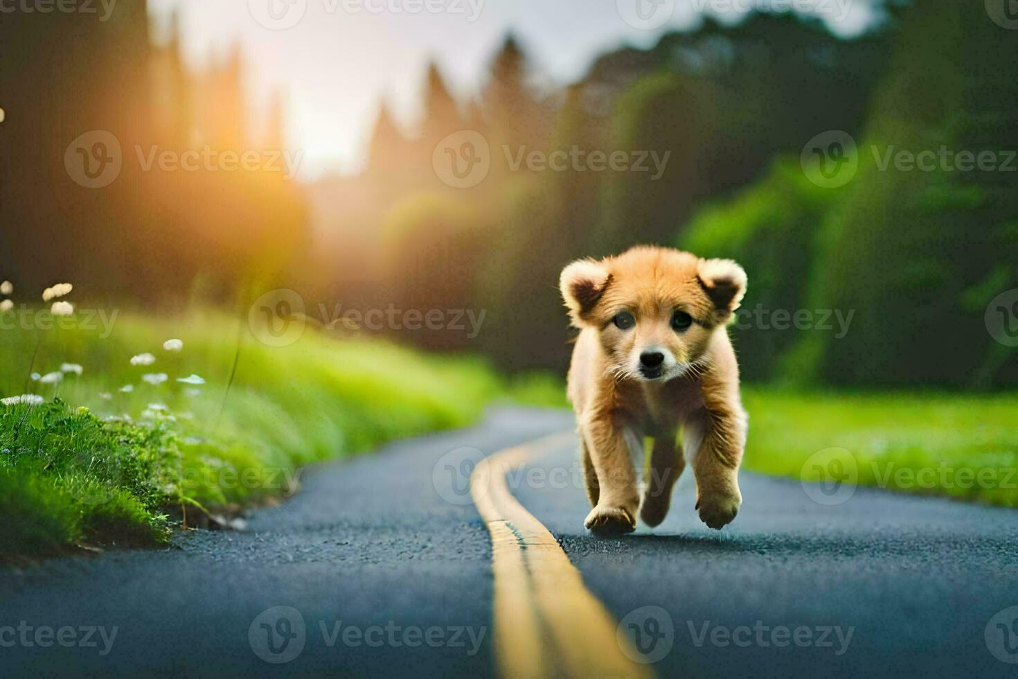 a puppy running down the middle of a road. AI-Generated photo