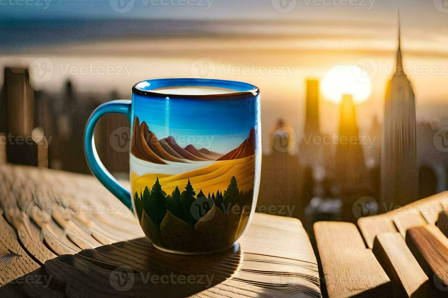 a coffee cup with mountains and trees on a table. AI-Generated photo